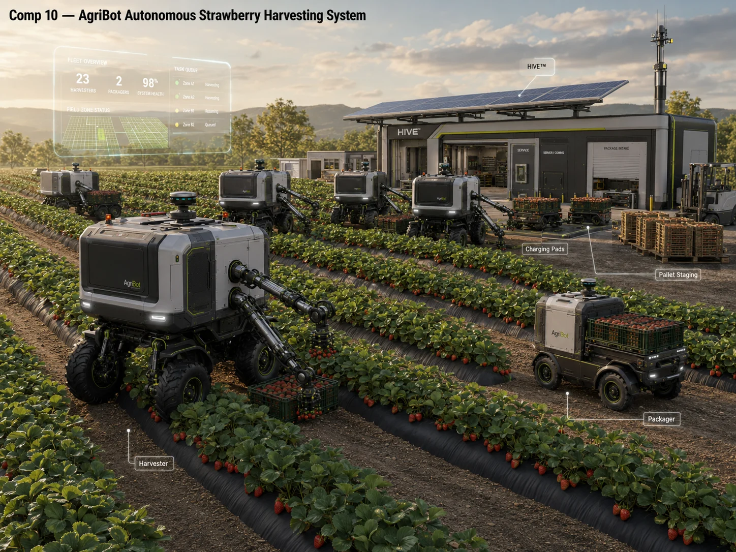 AgriBot autonomous strawberry harvesting ecosystem operating around the HIVE farm hub